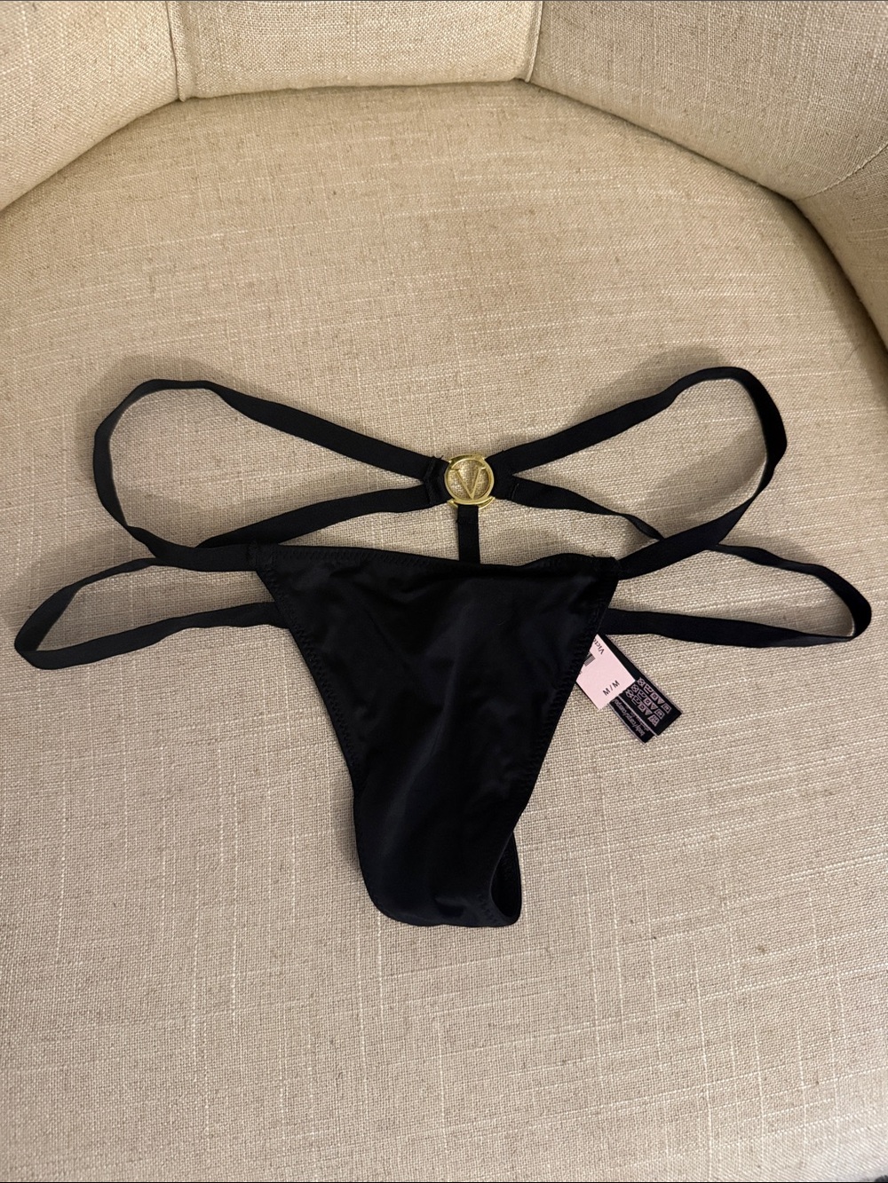 Victoria's Secret Black Strappy Bikini Brief with Gold Logo Accent